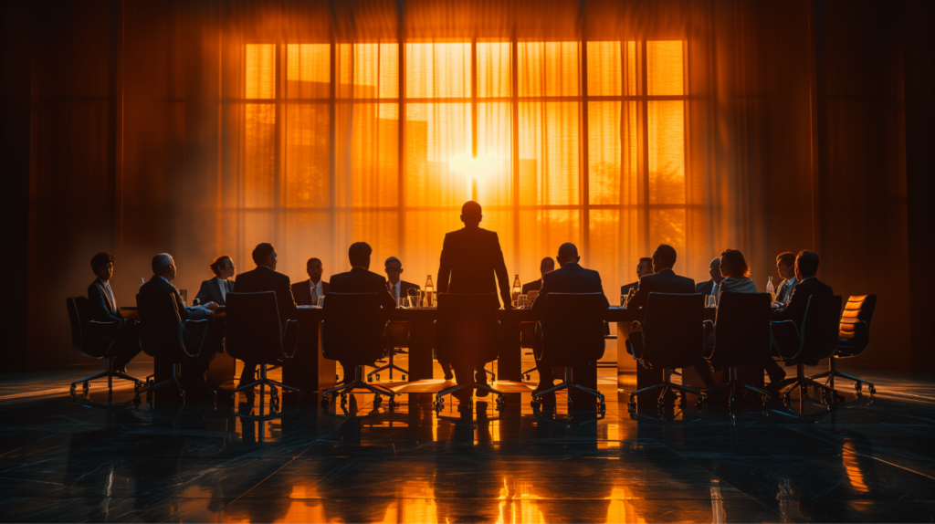image of a team seated around a big table, with a CEO leading the meeting