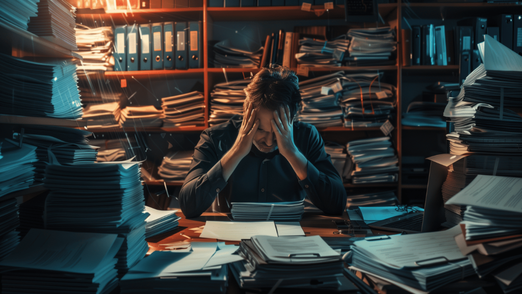 A business owner looking overwhelmed with lots of files piled on his desk, ultimately deciding to hire a virtual assistant for personal and professional tasks