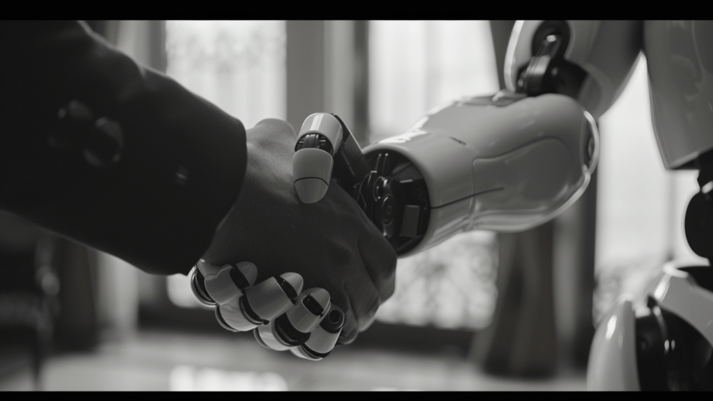 A sales person and AI shaking hands along with the conclusion of their sales training program