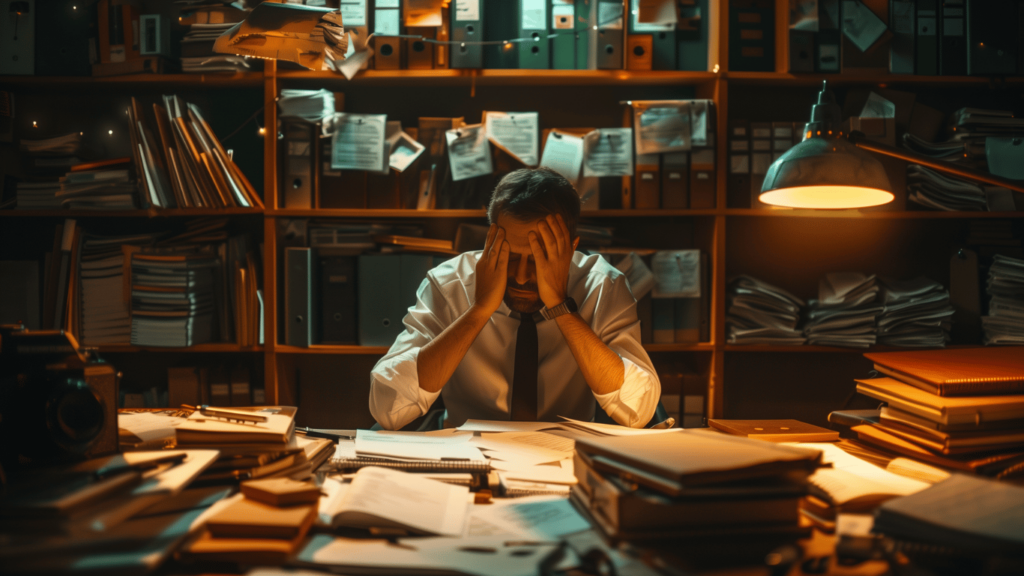 Business owner looking overwhelmed with lots of files piled on his desk