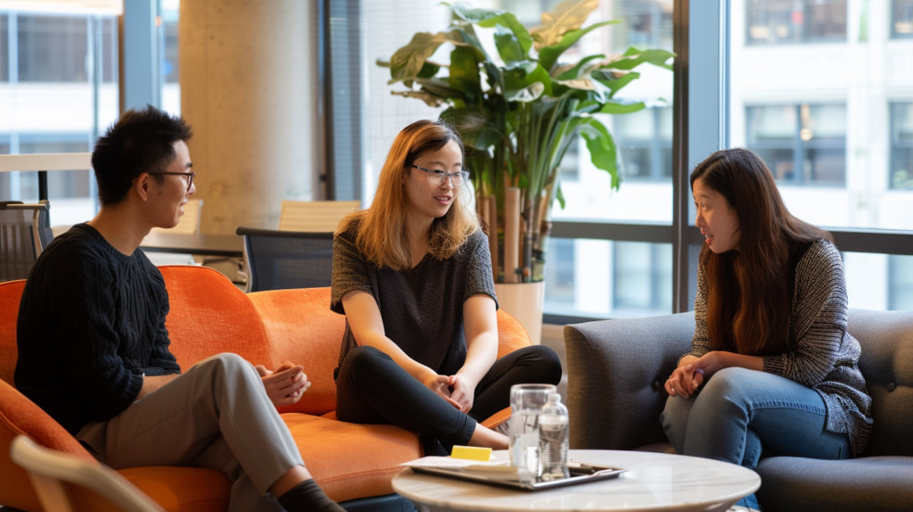 A group of coworkers talking and self reflecting about their place within the team