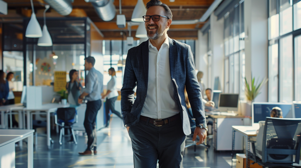 A CEO walking confidently in the office