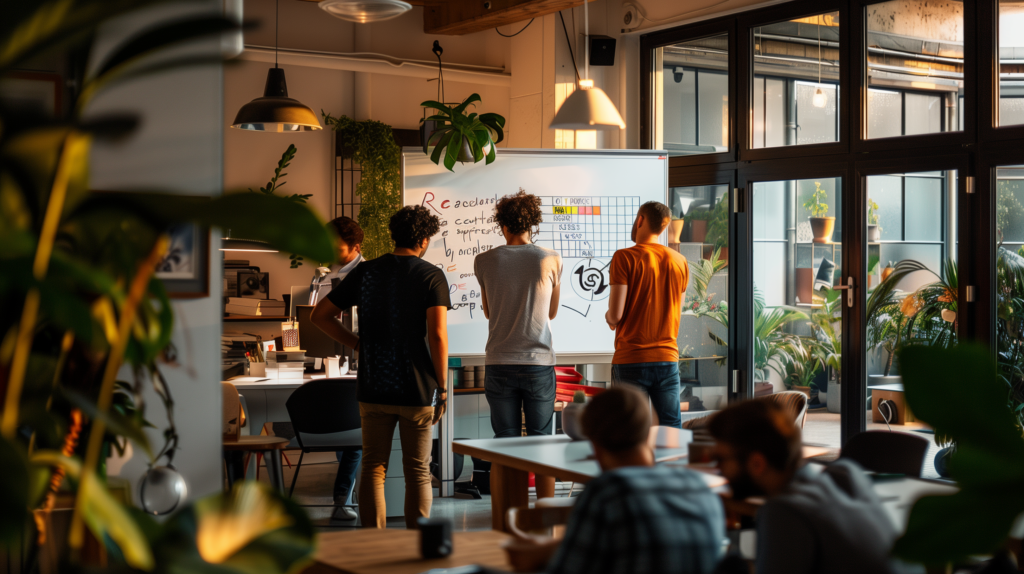 A team gathering the monthly report from all the content that's been repurposed and posted throughout the month