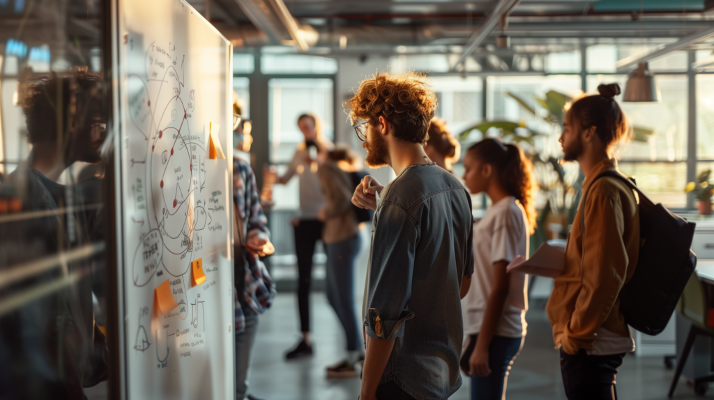A Marketing team gathering around a whiteboard brainstorming content repurposing strategy