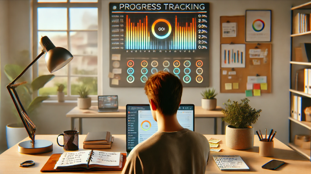 Image of a remote worker in a well-organized home office, focusing on their laptop that displays a progress tracking tool. The background features a large whiteboard with goals and deadlines, and the desk is neat with a planner and a cup of coffee, emphasizing accountability and organization in a remote work setting.