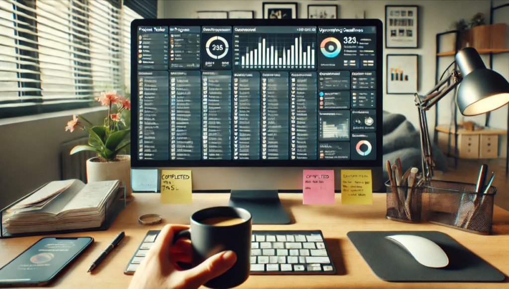 Image featuring a computer screen displaying a detailed project management dashboard. The scene includes a hand holding a coffee cup in the foreground, adding a personal touch, with a tidy and modern desk setup. The background is a well-lit, organized home office, emphasizing a productive work environment focused on task management.