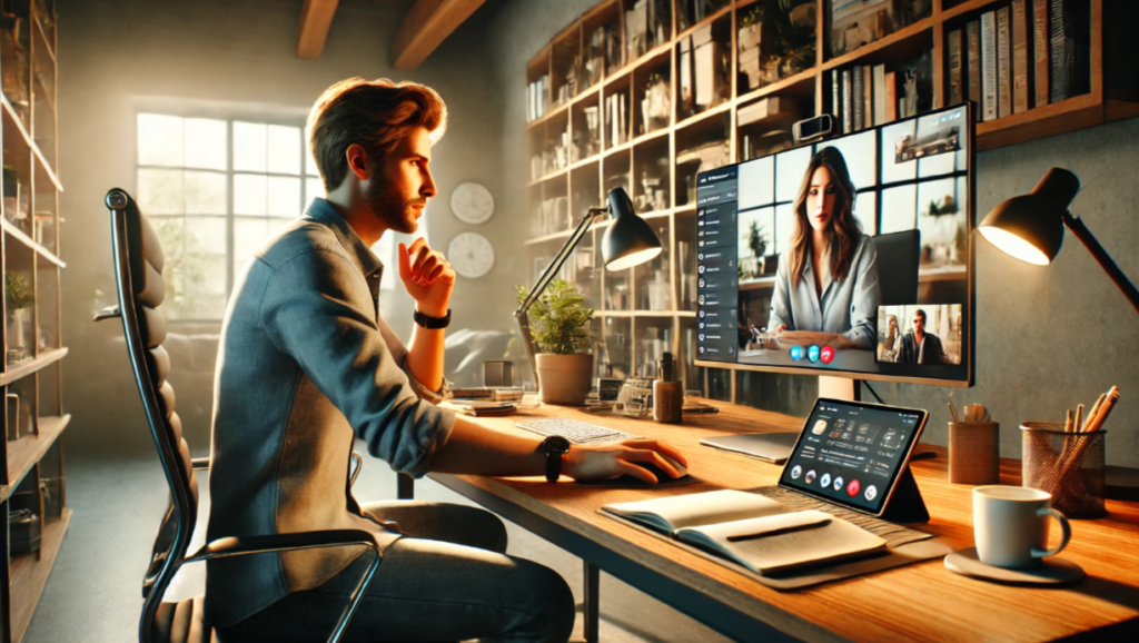 Image of a virtual assistant working in a modern home office, now wearing casual clothing like jeans and a shirt. The scene is realistic, with the assistant focused on a video call in a clean and organized workspace, emphasizing professionalism and efficiency.