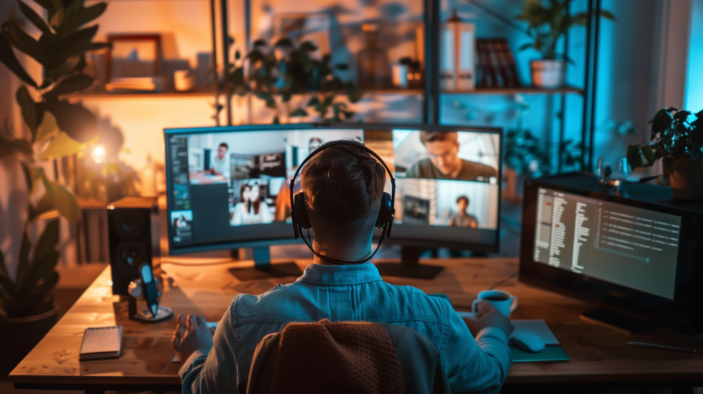 An AI Augmented Virtual Assistant having a meeting with the team, making sure they're aligned in the upcoming tasks.